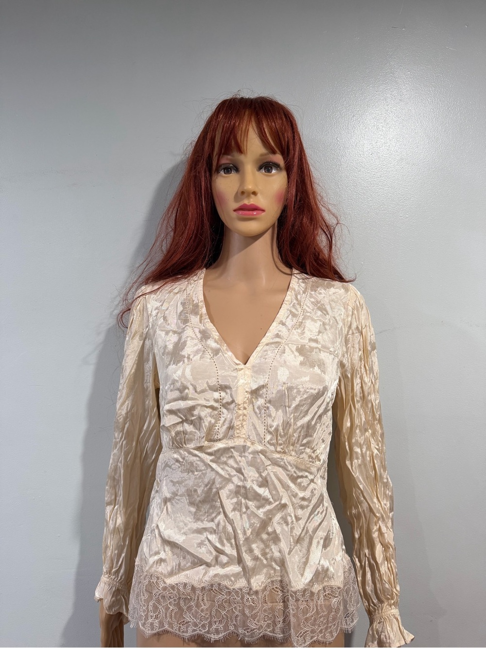 Sam Edelman Champagne Satin V-Neck Top with Lace Trim